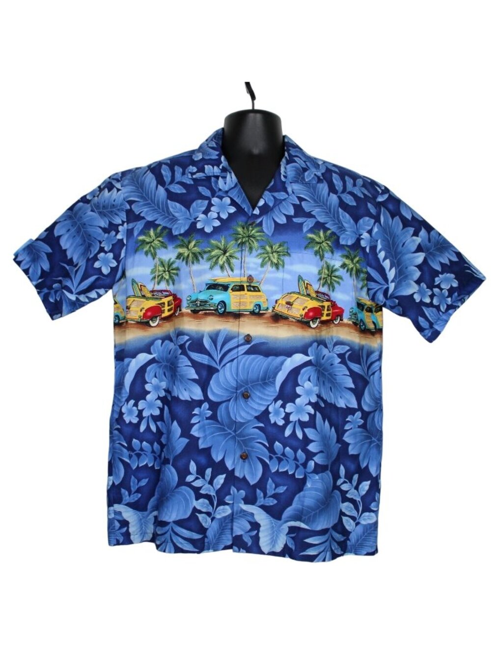 Aloha Republic Hawaiian Shirt Button Up Blue Mens Lg Woodies Surf Boards